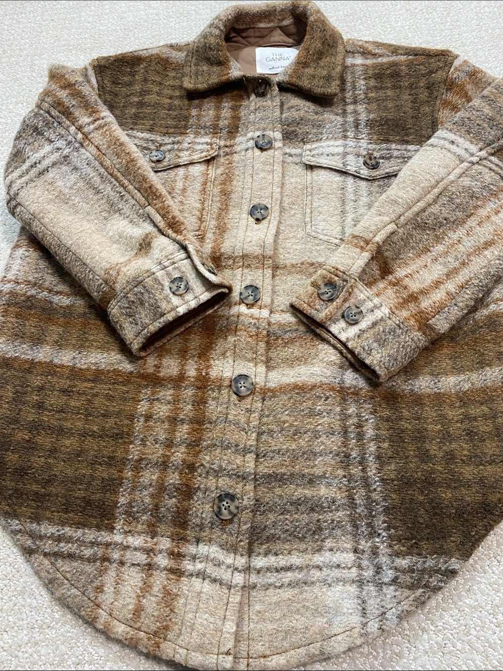 Aritzia Wilfred Ganna Brown and Cream Plaid Teddy Shacket Size M 75% Wool Laine - Picture 14 of 16